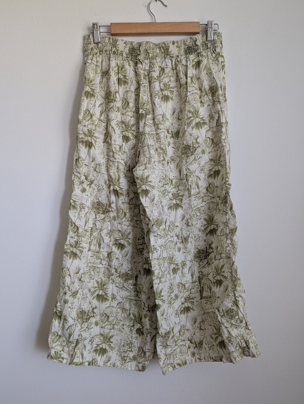 Rachel Zoe 100% Linen Safari Palm Print Wide Leg Pants Green & Cream M - Picture 3 of 5
